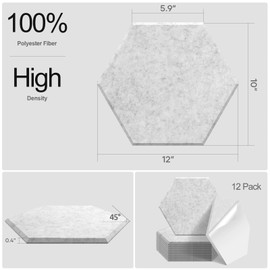 12 Pack Hexagon Acoustic Panels, Sound Proof Foam Self-adhesive,12" X 10" X 0.4" High-Density Acoustic Wall Panels for Studio, Home Office(Silver Gray)