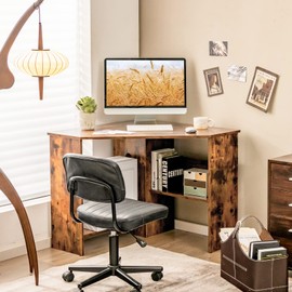 Tangkula Corner Desk, 90 Degrees Triangle Computer Desk for Small Space, Bedroom Makeup Vanity Desk with Storage Shelves & CPU Stand, Space Saving