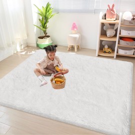 JiaoBaba White Rug for Bedroom 4x6ft Fluffy Area Rug Mat Bedside Throw Rug for Living Room Kids Room Boys Teens Nursery Baby Dorm Office Home Decor Aesthetic Carpets