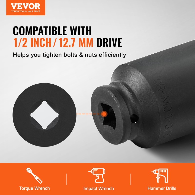 VEVOR Axle Nut Impact Socket Set, 1/2" Drive Deep 12-Point