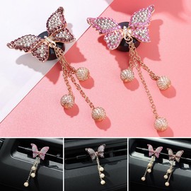 4 Pcs Butterfly Shape Air Vent Clips, with Tassel Faux Pearl Pendant Car Air Fresheners Vent Clips Shiny Rhinestone Diffuser Vent Clip for Air Vent Car Interior Decor Accessories