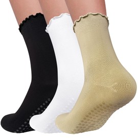 Elapse Space 3 Pairs Pilates Socks with Grips Ruffle Yoga Socks Non Slip Grip Socks for Women Crew Socks Barre Socks