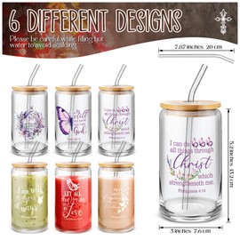 Mifoci 6 Pcs Christian Cups for Women Butterfly Christian Gifts 16oz Inspirational Glass Coffee Cup with Bamboo Lid and Straw Religious Jesus Cup Aesthetic Catholic Gifts for Mother Ladies Birthday
