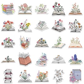 Book Flower Stickers, 50PCS Floral Cartoon Stickers for Scrapbooking, Skateboard, Water Bottle, Guitar, Notebook, Phone, Laptop - Decals for Teens, Girls, Kids DIY