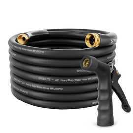 SPECILITE 3/4" Hot/Cold Garden Hose 50 ft with Industrial High Pressure Nozzle, Flexible & Lightweight, 600psi Burst Rubber Water hose -50℉-158℉ With 3/4" Brass Fittings for Yard, Black