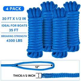 Dock Lines Boat Ropes for Docking 1/2" x20' Double Braided Mooring Marine Rope Boat Lines for Docking, Dock Lines for Boats with Loop, Boating Rope Boat Lines Lake Blue 4 Pack