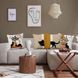 Aoihrraan 20 x 20 Inch Black Cat Cushion Covers Boho Abstract Art Square Linen Throw Pillow Covers Home Decor For Farmhouse Outdoor Patio Garden Living Room Sofa Bedroom Gifts, 51x51cm Set of 4