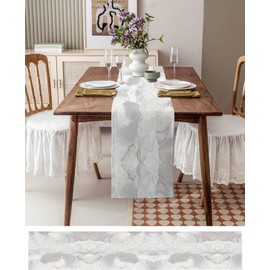 Natural White Grey Marble Stone Table Runners,Linen Cotton Table Runner Dresser Scarves Abstract Agate Gold Stripe Tabletop Scarf for Dining Room Kitchen Holiday Party (White Grey, 33CM*183CM)