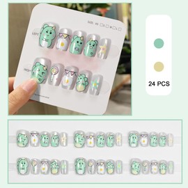 30 PCS Press on Nails Cute Little Dinosaur Fake Nails Cat Eye Fake Nails Short Fake Nails Gifts for Women and Girls (No.20)