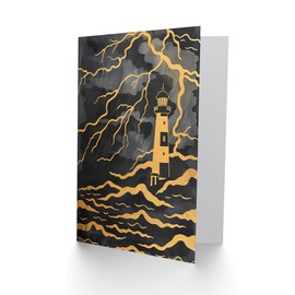Artery8 Greeting Card Lighthouse Lightning Storm Gold Contrast Painting Blank For Him Or Her Art Birthday Card