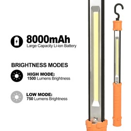 AAIN Work Light,1500LM Bright LED Work Lights,8000mAh Rechargeable Magnetic Underhood Work Light,Cordless Battery Powered Mechanic Light for Car Repairing/Garage/Workshop/Emergency,Orange