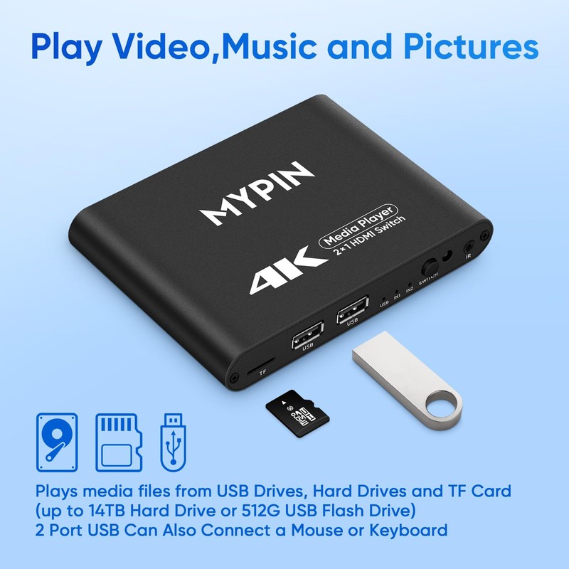 4K@30 Media Player with 2 in 1 Out HDMI Switch