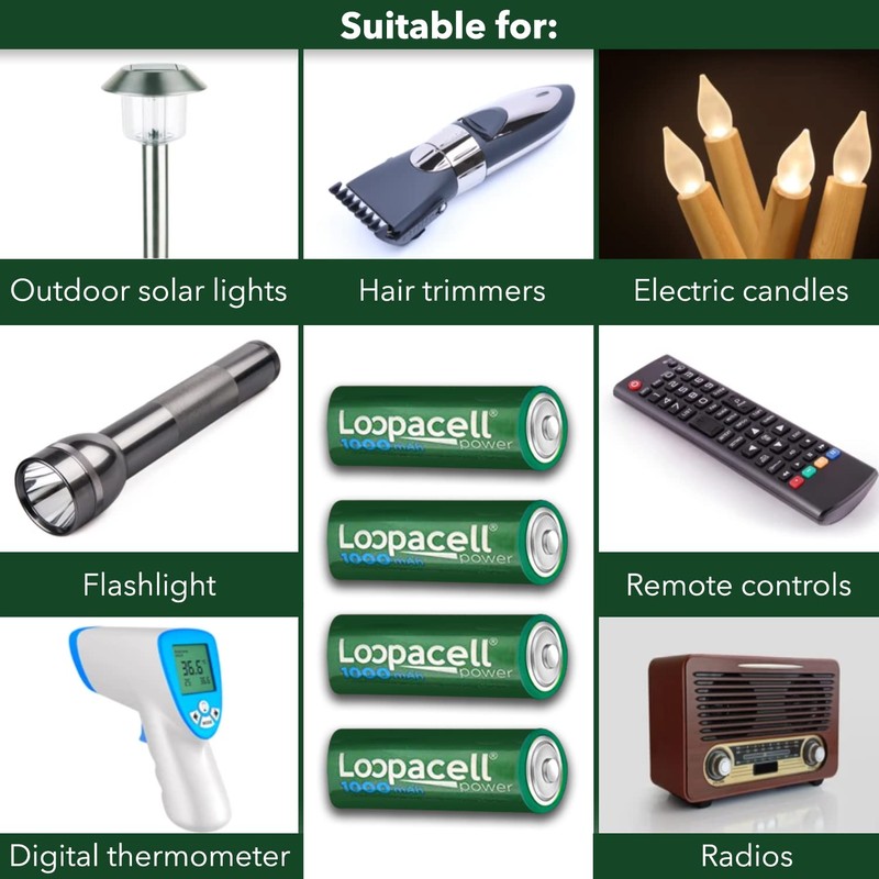4 Loopacell AA Rechargeable NiCD Battery, 1.2V 1000mAh High Capacity