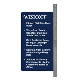 Westcott Stainless Steel Ruler, Zero-Center Scale with Non-Slip Cork Backing, Back-to-School, School Supplies, Classroom Supplies, 24-Inch