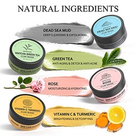 SHVYOG 4Pcs Face Mask Set - Turmeric Clay Mask, Vitamin C, Green Tea, Rose, Dead Sea Mud Mask, Skin Care Mask for Deep Cleansing, Refining Pores, Vale
