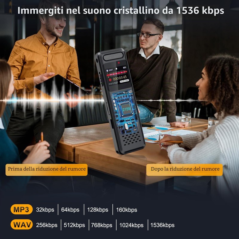 Registratore Vocale Professionale 100 Ore, Supporta Schede di Memoria
