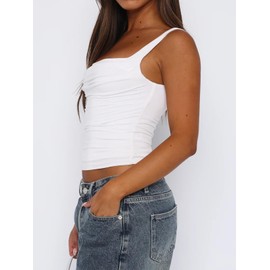 zhaistar Women's Sleeveless Tank Tops Ruched Camisole Square Neck Strappy Crop Top Summer 2024 White M