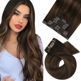 Moresoo Clip-In Human Hair Extensions, Balayage Brown, Remy Human Hair Clip Extensions, Full Head, Ombre Dark Brown with Medium Brown, 7 Pieces, 120 g, 40 cm