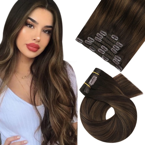 Moresoo Clip-In Human Hair Extensions, Balayage Brown, Remy Human Hair