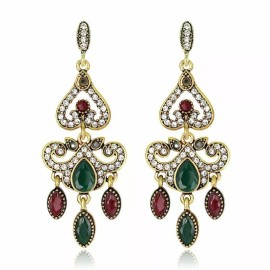 Unbranded Unique Victorian Era Red Green & Clear Crystal Filigree Dangle Tassel Earrings