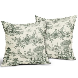 Sivirary French Country Pillow Covers 18x18 Inch Set of 2 Green Toile Vintage Print Decorative Pillow Cases Outdoor Linen Square Cushion Cover Rustic Farmhouse Decor for Bedroom Home Sofa Couch Bed