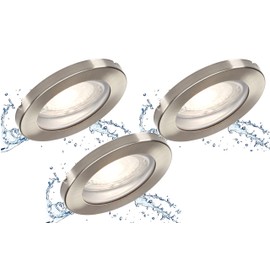 Trango® Set of 3 IP44 Recessed Lighting Round LED Module with 3x 6 W Dimmable Only 3 cm Depth Bathroom Stainless Steel Look