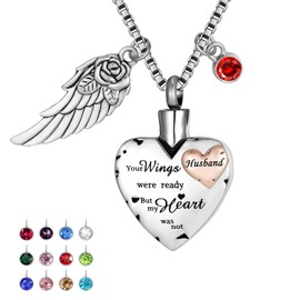 Norya Cremation Urn Necklace Comes With Angel Wing And 12 Birthstones Ashes Jewelry Heart Memorial Pendant, Metal