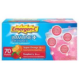 Emergen-C Immune+ System Support Dietary Supplement Drink Mix With Vitamin D, 1000mg Vitamin C - 70 packets (30 - Raspberry Flavor, 40 - Super Orange Flavor)