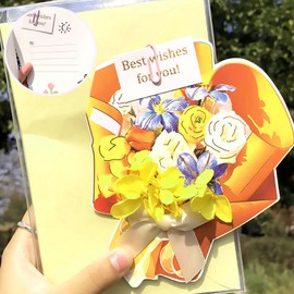 Yellow Dried Flower Bouquet Greeting Card, Bouquet 3D Popup Thanksgiving Cards Pop up Card, Family Gifts Birthday Card for Women Girls with Envelope, Valentine Day, Anniversary, Thank You Card