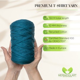 MeriWoolArt Cotton Yarn Ribbon Blue - 10 mm T-Shirt Tape Yarn for Knitting, Macrame, Crochet, Weaving, Gift Ribbon - 150 m Cotton Ribbon (Sea)