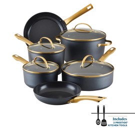 Farberware Forged Induction Ceramic Nonstick Pots and Pans Set with Lids and Kitchen Cooking Tools - Dishwasher Safe, Suitable for All Stovetops, 12 Piece Cookware Set - Black and Gold