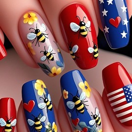 Medium Coffin Press on Nails Red Blue Fake Nails with USA Flag Designs Spring Flower Bee False Nails Star Heart Patriotic Acrylic Nails Independence Day Nails 4th of July Stick on Nails for Women