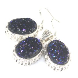 SILVER Vintage Style Royal Blue Rainbow Titanium Druzy Oval Pendant & Earrings Jewelry Set