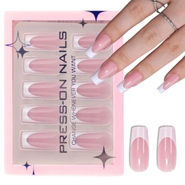 French False Nails - Medium Long Press On Nails Square - Nude Pink French Tip False Nails - 30 Pcs Reusable White Tip Full Cover High Glossy Stick On Nails For Women Manicure DIY