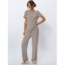 LILLUSORY 2 Piece Lounge Sets for Women Summer Vacation Outfits Matching Casual Wide Leg Pants Sets Ribbed Knit Pajamas 2025 Khaki XL