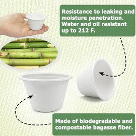 SAHENITEANA Bagasse Fiber Souffle Cups, 100% Biodegradable, Mini Paper Disposable Compostable Condiment Cup, Food Sample Sauce Container Portion Bowls Dipping (100 Pcs-4 oz-White Color)