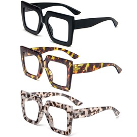 REAVEE 3 Pack Oversized Reading Glasses for Women Large Frame Extra Wide, Blue Light Blocking Readers Stylish Square Thick Eyewear,Black+Leopard+Grey Leopard, 1.5