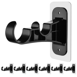 6 Pack No Drill Double Curtain Rod Bracket, Adhesive No Drilling Curtain Rod Holders, No Damage Stick Curtain Rod Hooks, Double Brackets Curtain Hangers for Wall (Black)