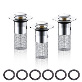 0XBIT Sink Strainer, Stainless Steel, 3 Pieces, 33 x 80 mm, Sink Strainer, Sink Strainer with Compression Spring Core Made of Brass, Hair Strainer, Sink for Kitchen, Bathroom and Balcony