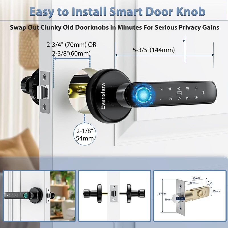 Evanshow Fingerprint Door Lock Biometric Door Knob with Keypad Keyless