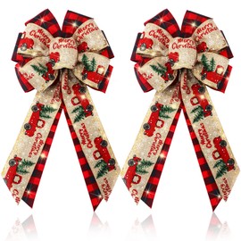 Giegxin Christmas LED Wreath Bow, 2 Pcs Red Truck Burlap Bow for Holiday Wreath, Christmas Tree Ornaments Door Indoor Outdoor Wall Decorations, 18 x 10 Inch(Buffalo Plaid)
