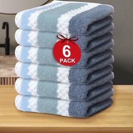 Waffle Washcloths for Bathroom, Wash Cloths 6 Pack 13"X13" - 100% Cotton | Quick Dry | Thick | Absorbent, Decorative Soft Face Wash Cloths, Striped Face Towel Set, Blue-Gray Stripe and White Checkered