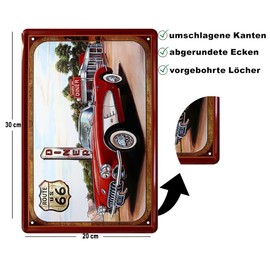 schilderkreis24 Tin Sign "Route US 66 Diner" Red Car Decoration Retro Metal Sign Vintage Garage Workshop Hobby Room Gift for Birthday or Christmas 20 x 30 cm