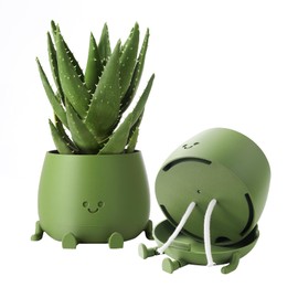 TOPOLA Happy Face Planter, 5.2 Inches Plastic Plant Pot, Self Watering Plant Pot with Drainage Holes for Indoor Outdoor, Succulent Pot, Funny Flower Pot, Dark Green