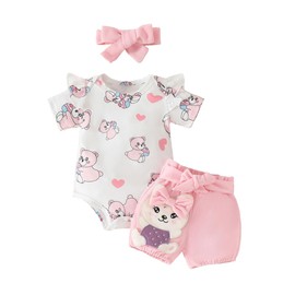 HEOXIN Baby Girls' Clothing Sets, Short Sleeve Snap Button Crotch Crew Neck Cartoon Bear Love Heart Stretching Shorts Bow Knot Headband Summer Clothing Sets Clothes, Pink, 0-18 Months, pink, 6-9