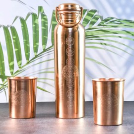 India House Pure Copper Water Bottle Drinking Set - Antique 7 Chakras Design 32oz Leak-Proof Copper Water Bottle with Two Copper Glasses & Coasters | Ayurvedic Copper Vessel with Handle Lid (Set 2)