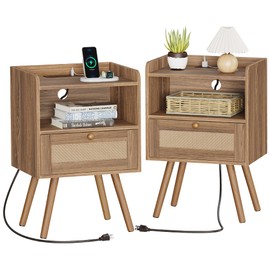 SUPERJARE Nightstands Set of 2, Night Stands with Charging Station & PE Rattan Decor Drawer, Bed Side Tables with Solid Wood Feet, End Table, for Bedroom, Living Room, Walnut