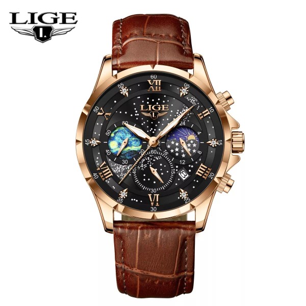 Lige Men's Watch Quartz Date Moonphase Chronograph Waterproof Luminous Man