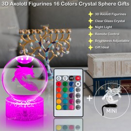 Fanrui 3D Axolotl Crystal Night Light,3.15 inch Glass Ball Dimmable Night Lamp,USB Touch,16 Colors,Remote Control,Axolotl Gifts,Art Decorations Gifts for Child,Men,Women,Kids,Boys,Girls,Teens,Friends