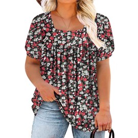 Summer Tops for Women Plus Size Cute Petal Sleeve Floral Printed Pleated Shirts 5XL